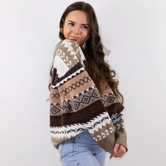 Fun and Cute Beige Pattern Striped Sweater - Picture 2 of 3
